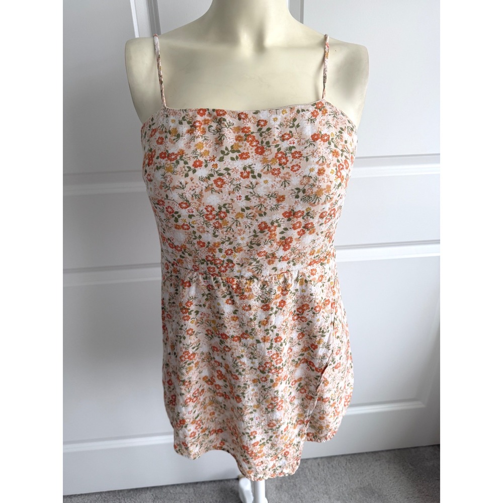 Altar'd State Floral Wrap Front Romper Orange Green Cream Square Neck Small